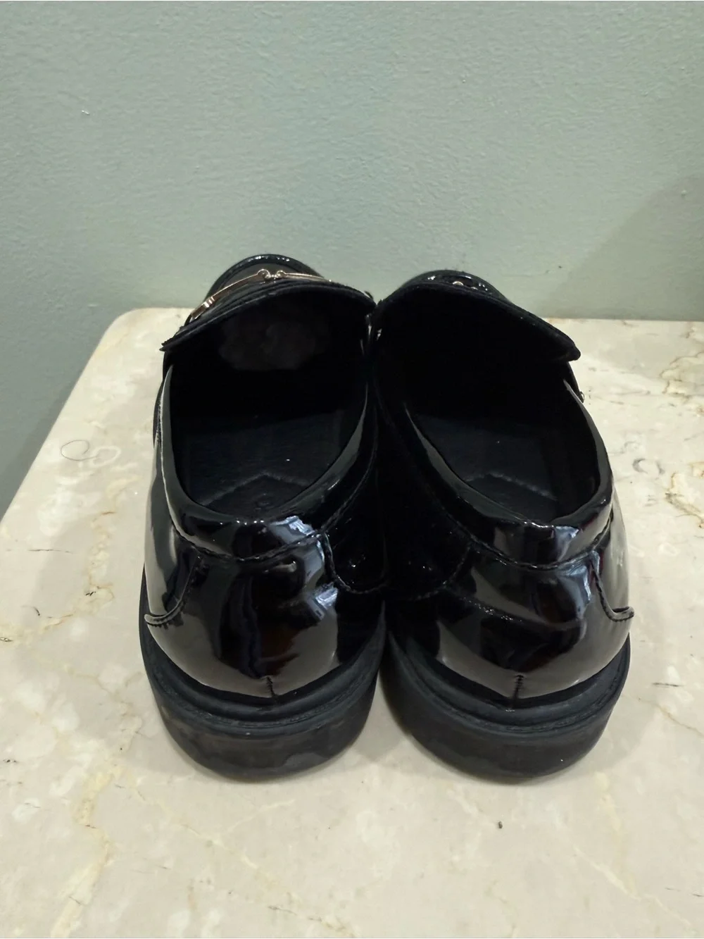 Kids Black Patent Moccasin Loafers with Gold-Tone Bit